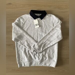 NWT - Zara Light Gray Pullover with Navy Collar Size L